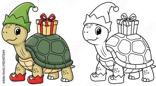 Cute turtle in elf costume carrying a Christmas gift Vector cartoon illustration of an animal helper Isolated color and black and white outline version for coloring book page.