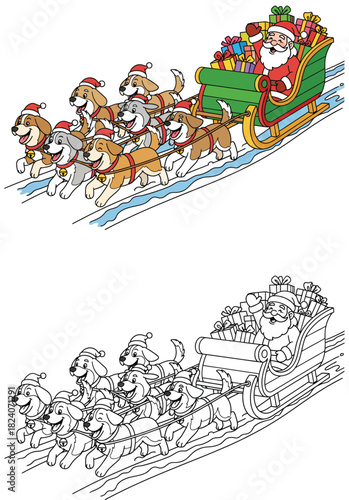Santa Claus riding a sleigh pulled by cute dogs Vector cartoon illustration of puppies delivering Christmas gifts.