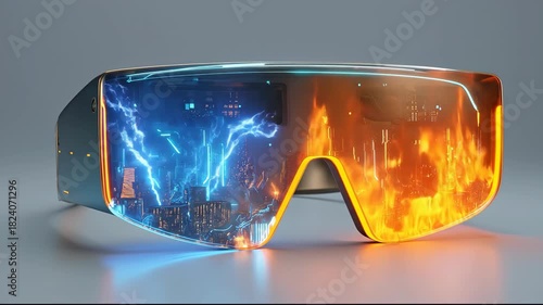 Sleek Futuristic Smart Glasses with Contrasting Digital Lightning City and Fiery Energy
