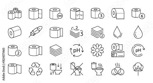 Collection of toilet paper and bathroom hygiene line icons