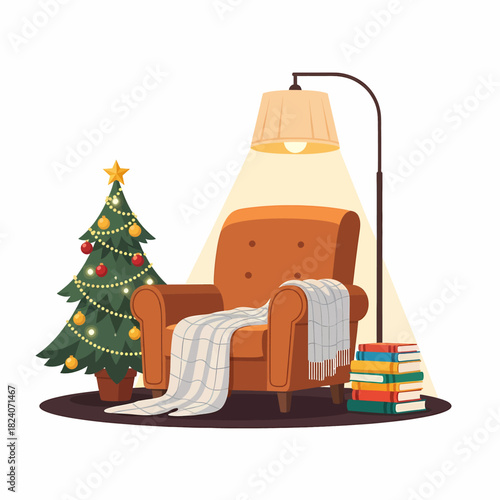Vector illustration of a cozy Christmas setup featuring a comfortable armchair, a warm floor lamp, a festive Christmas tree, and a stack of books