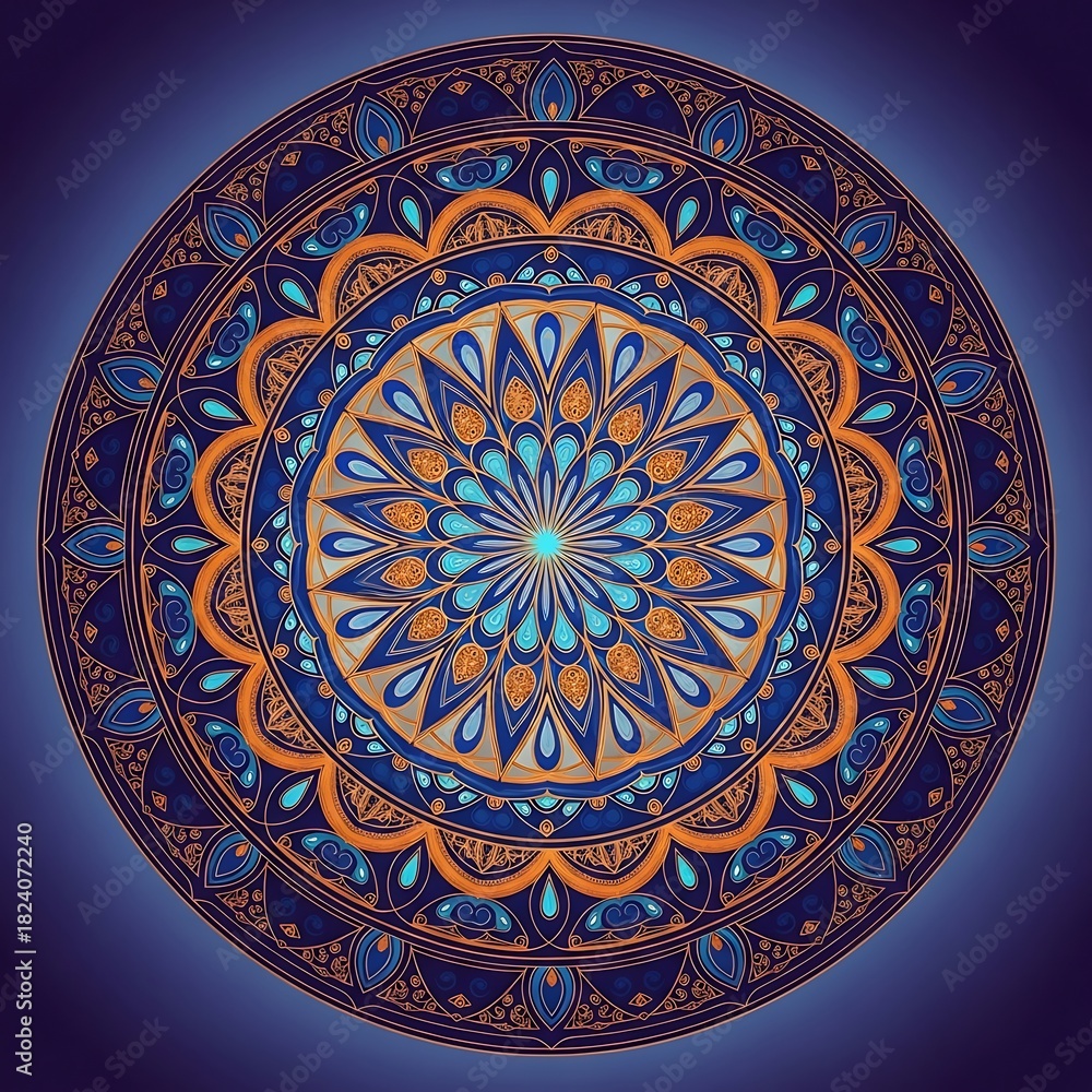 Naklejka premium Intricate Mandala Design - A Symphony of Blue and Orange.