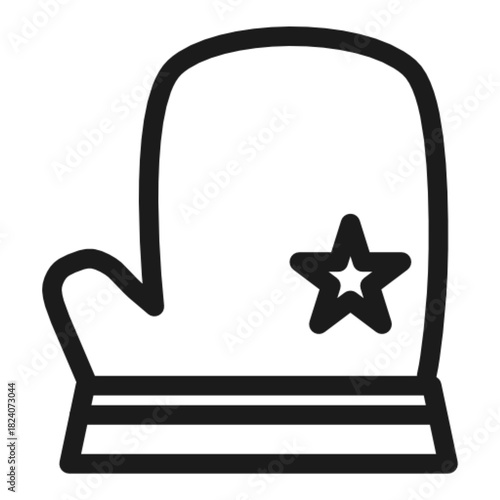 Outline vector icon of warm winter mitten or glove with star symbol.