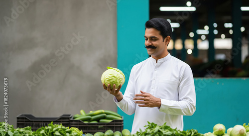 A dignified Indian man in a white kurta holds a fresh cabbage, smiling at a vegetable market stall.