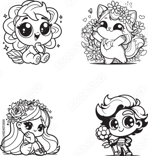 Cute cartoon characters with flowers and expressive faces in black and white line art