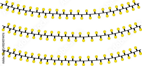 Three strings of warm yellow christmas lights on a white background