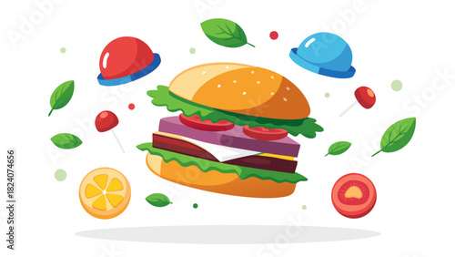 Gourmet burger with flying ingredients