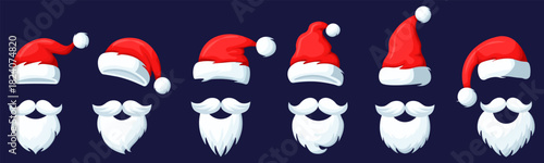 A vector cartoon image of Santa Claus's red hat, cap, and beard. An element for your design to create a festive mood for Christmas and New Year.