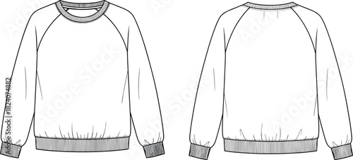 Unisex crew neck sweatshirt front and back view, casual pullover fashion template, vector clothing illustration for designers, mockup apparel design