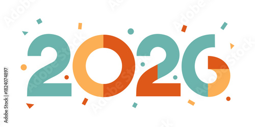 Colorful modern 2026 typography design with geometric shapes and festive confetti elements. Perfect for New Year celebration, event promotion, greeting cards, calendars, party invitations, and holiday