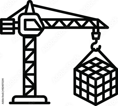 Industrial construction crane lifting a heavy cube shaped object at a building site