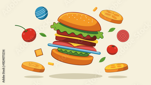 Delicious burger with flying ingredients