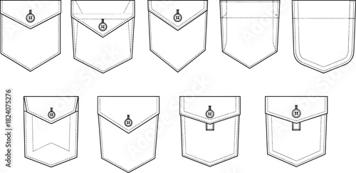 Vector clothing pocket flat sketch set, technical fashion design template collection with button flap styles, sewing detail illustration icons outline