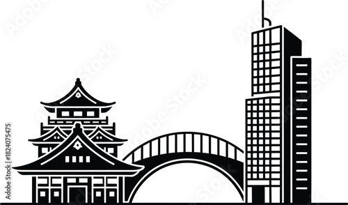 Modern cityscape juxtaposed with traditional japanese architecture and a bridge