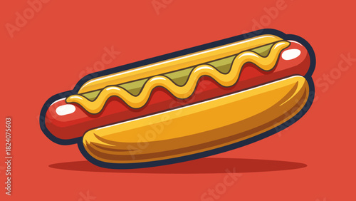 Hot dog with mustard on red background
