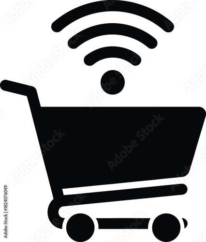 Black silhouette of a shopping cart with a wi fi symbol above representing online shopping