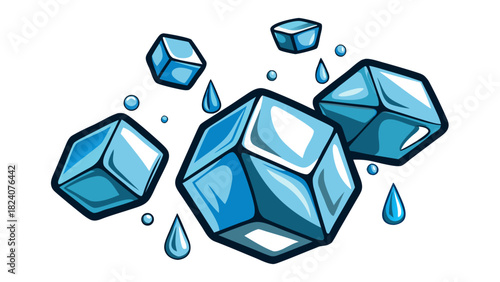 Refreshing blue ice cubes and water drops