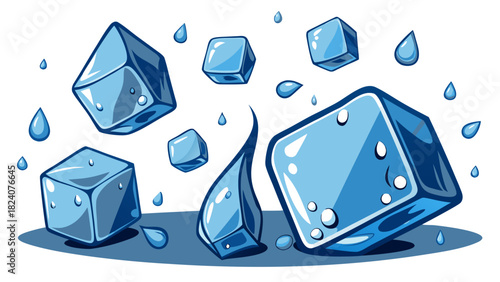 Falling blue ice cubes and water drops