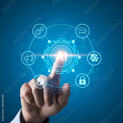 Unlock the Future with AI Technology Touching Artificial Intelligence Interface for Innovation, Automation, and Smart Solutions on Bright Blue