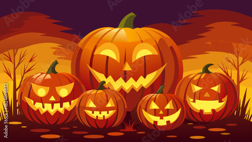 Halloween pumpkins glowing at night