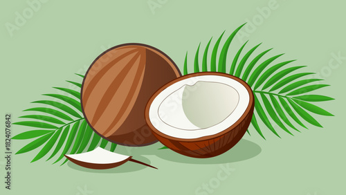 Coconut fruit with tropical palm leaves