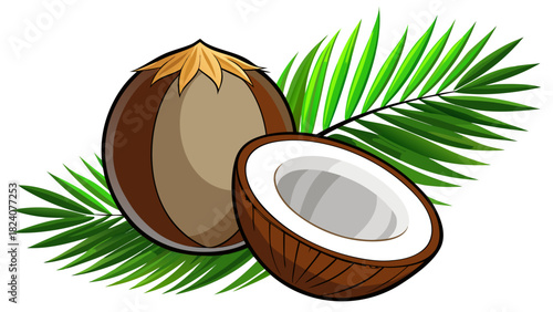 Fresh coconut fruit with palm leaves