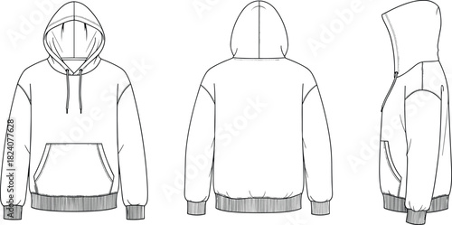Hoodie technical flat sketch front back and side view, casual sweatshirt apparel design template for fashion industry, vector illustration drawing