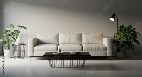 Minimalist Living Room Interior with White Sofa, Modern Furniture