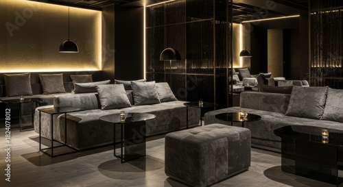 Modern Luxury Lounge with Gray Velvet Sofas and Warm Golden Lighting