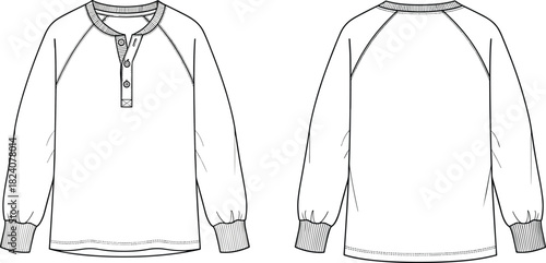 Long sleeve henley shirt technical flat drawing, front and back view, casual apparel design sketch for fashion industry use, reference