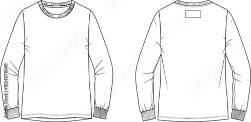Long sleeve sweatshirt technical flat sketch front and back, casual apparel design illustration for fashion industry template, vector drawing outline
