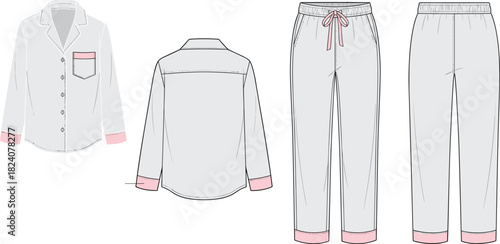 Pajama set fashion sketch, button shirt and pants, front and back view, sleepwear design, cad drawing flat vector illustration