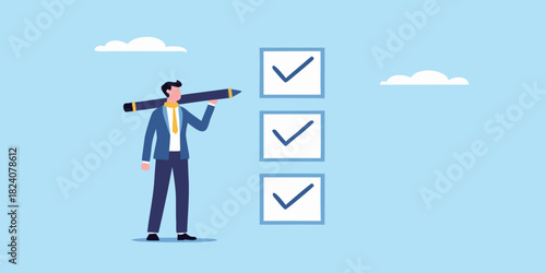 Businessman completing checklist with giant pencil and checkmarks