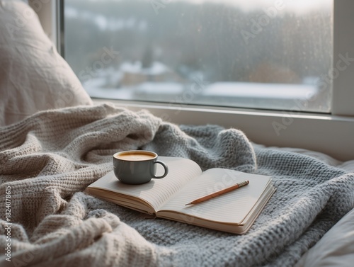 Cozy Winter Morning with Coffee and Open Journal by a Frosty Window