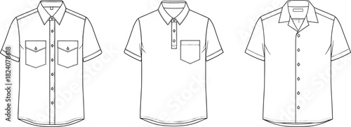 Short sleeve collared shirts front view outline, button up mens shirts vector fashion sketch, pocket details design illustration template apparel