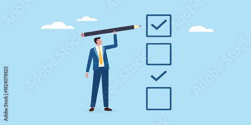 Businessman completing a checklist with a pencil