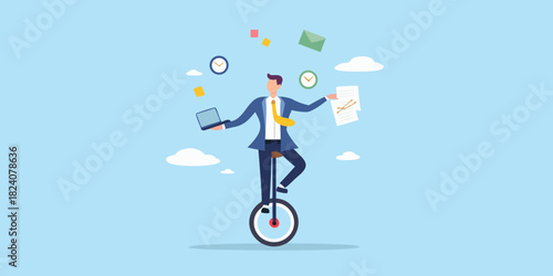 Businessman juggling tasks while riding a unicycle
