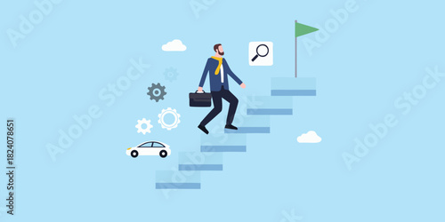 Businessman climbing stairs towards goal with magnifying glass and car below