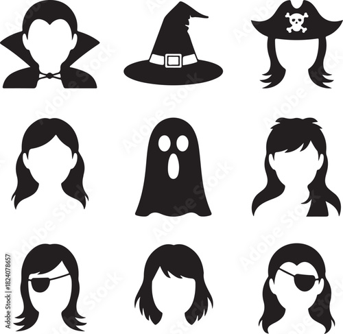 Halloween avatars, spooky characters, vampire dracula, witch hat, ghost spirit, pirate costume
