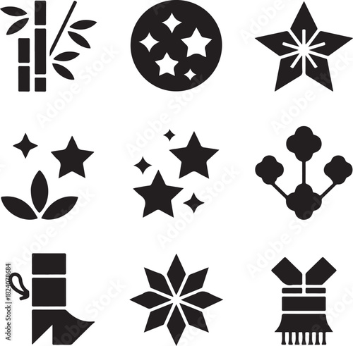 Japanese icons, bamboo plant, star shape, ninja shuriken, traditional symbols, culture element
