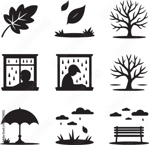 Rainy weather icons, autumn season, umbrella protection, park bench, bare tree, falling rain