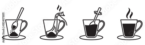 Basic steps to prepare a finished drink granulated coffee or tea. Instant coffee preparation instructions for packaging. Linear icons of kettle, cup and teaspoon isolated on transparent background.