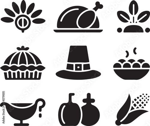 Thanksgiving icons, roast turkey, pumpkin pie, pilgrim hat, cranberry sauce, corn harvest