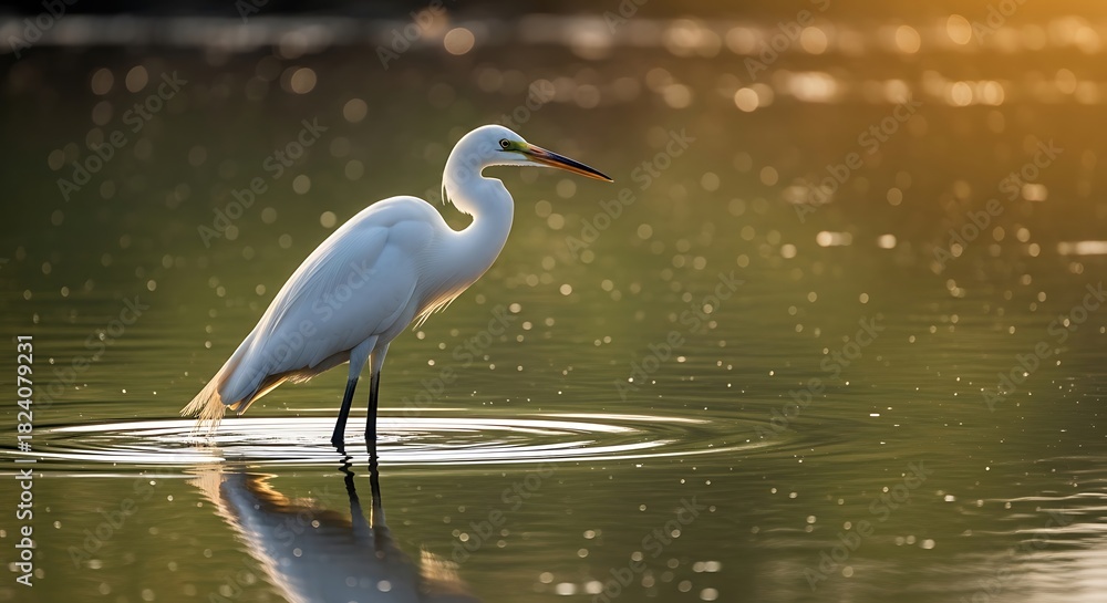 Naklejka premium Great Egret Standing in Water with Reflections at Sunset.