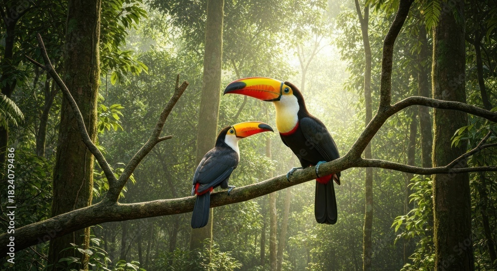 Naklejka premium Two colorful toucans perched on a branch in a vibrant green forest