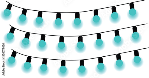Three strands of turquoise string lights on a white background for decoration