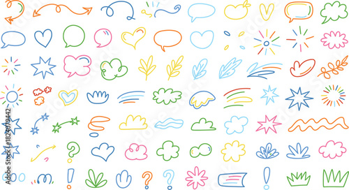 Collection of hand drawn doodle elements in various shapes and colors perfect for adding a playful touch to designs and illustrations
