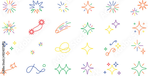 Collection of hand drawn sparkle and shine icons light effects with glittering stars fireworks and twinkles for decoration and design elements