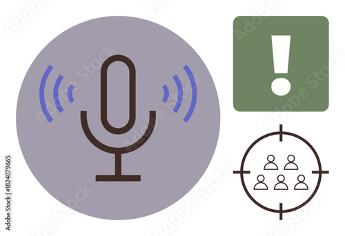 Microphone emitting sound waves, exclamation mark in green square, and user group in crosshairs. Ideal for communication, broadcasting, podcasting, attention, audience targeting, information content