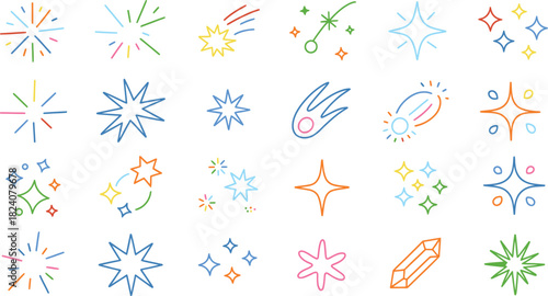 Collection of hand drawn sparkle and twinkle elements in various colors perfect for adding a touch of magic and wonder to your designs